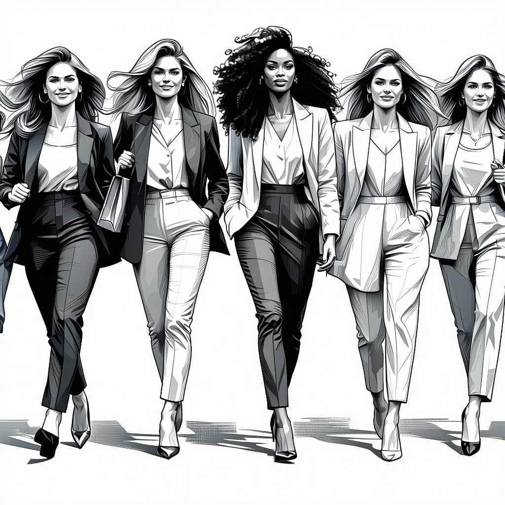 Against a crisp white background a group of assertive women strides purposefully exuding an air of confidence and determination Each woman showcases h